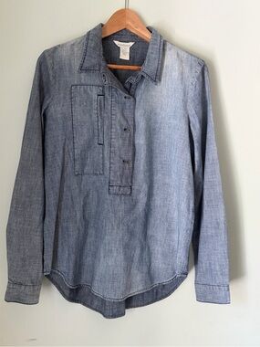 Sundance Small Chambray Cotton Asymmetrical Button Utility Shirt Blue Boho